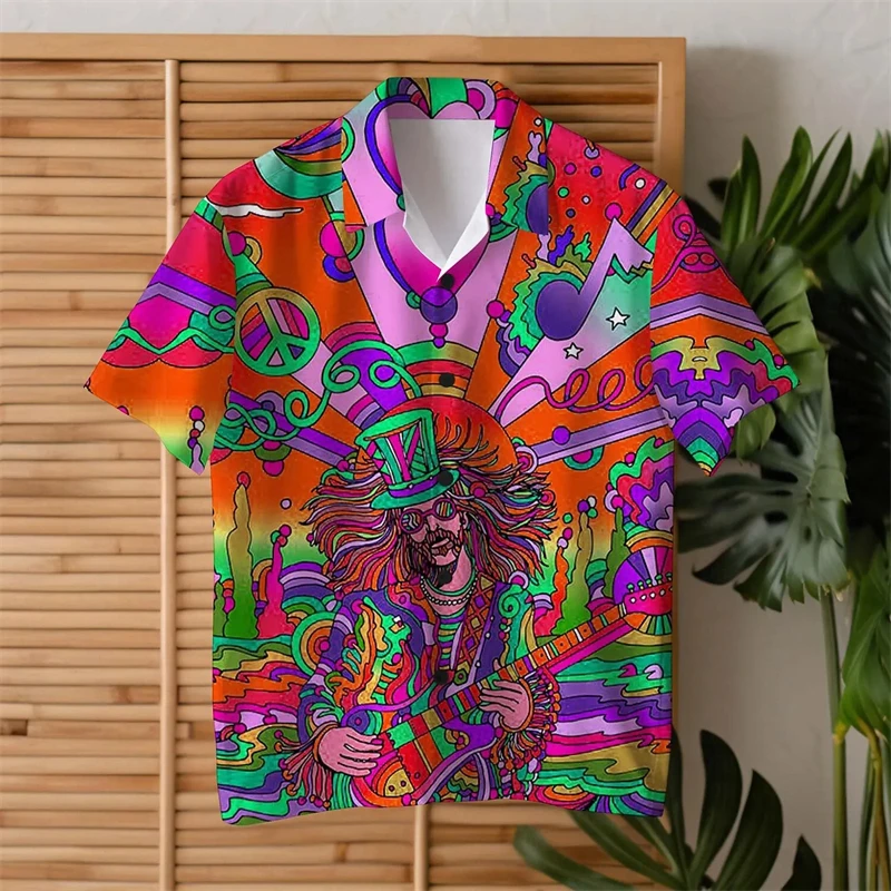 Colorful Guitar Hippie Men's Shirts Summer Fashion Streetwear Men Women T-shirt Ropa Hombre Daily Casual Short Sleeve Lapel Tops