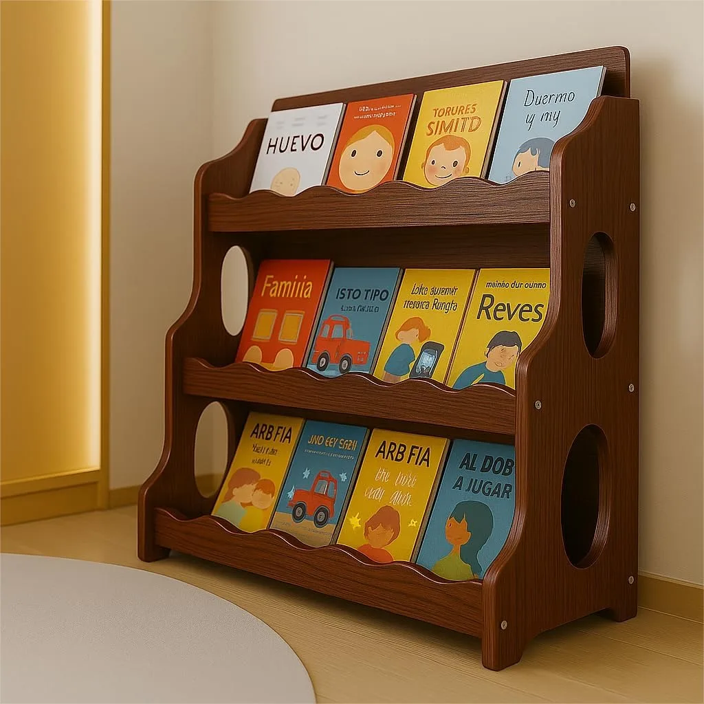 

Kids Bookshelf Wooden Montessori 3-Tier Scalloped, Red Walnut Grain, Dutch Design