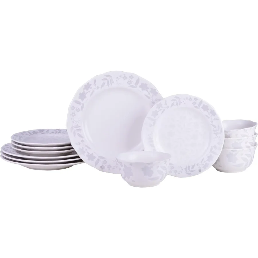 

12Piece Porcelain Dinnerware Set for 4 with Glossy White Plates and Bowls Featuring Elegant Silver Flower Pattern Luxury Cerami