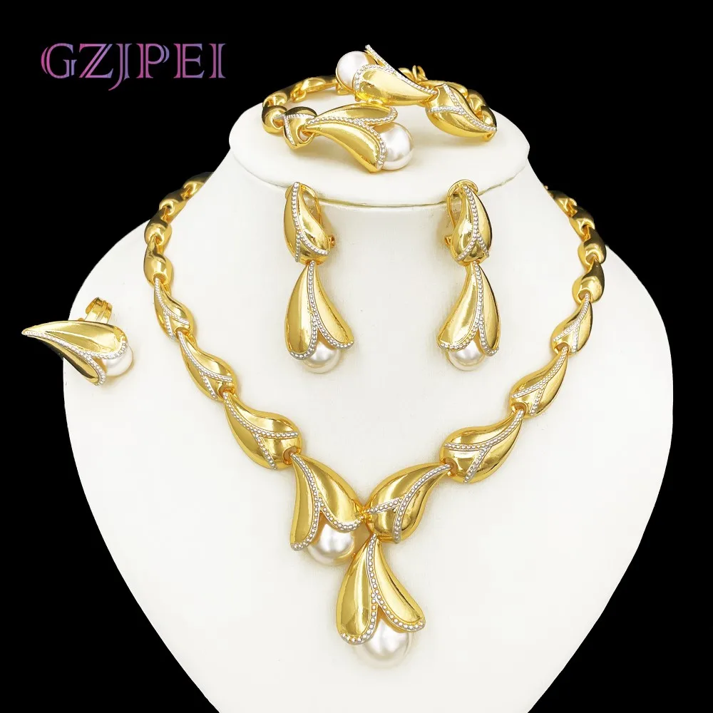 

GZJPEI 4Pcs Freshwater Pearl Jewelry Set Unique Italy 18K Gold Plated Water Drop Jewellery For Women Wedding Gift 2025 New