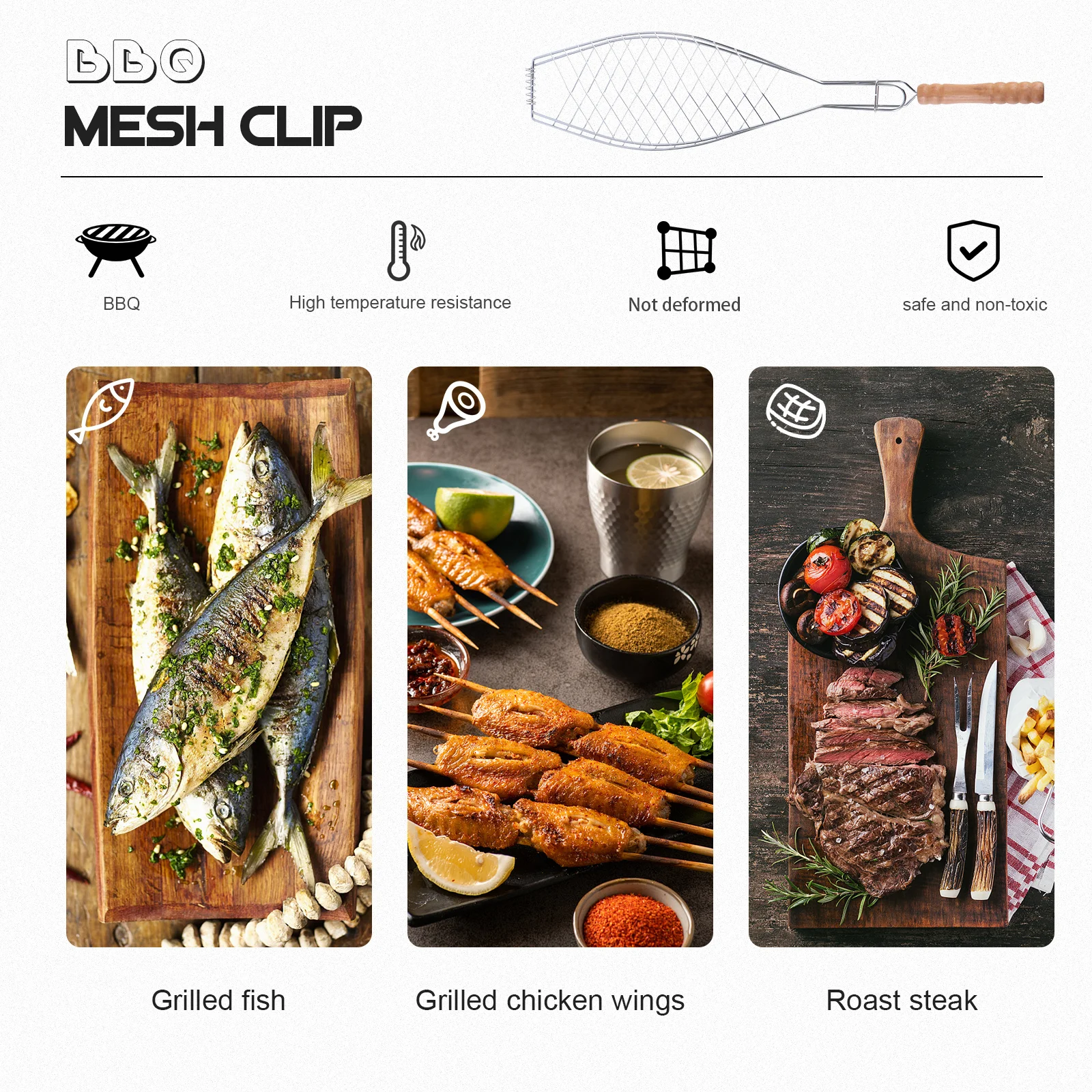 

2 pcs Iron Wood Barbecue Grill Clip Non-Stick Mesh For Fish Steak Chicken Camping Outdoor Bbq Tool Compact Storage