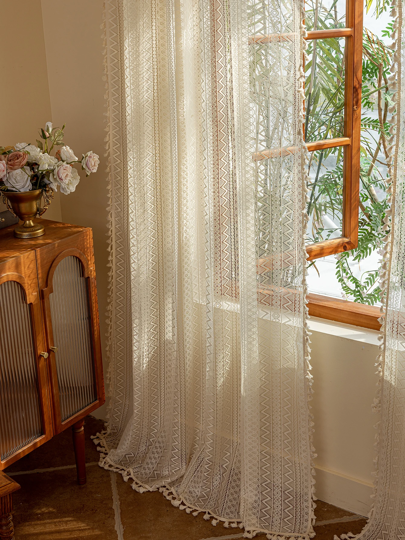 1pc Elegant Lace Rod Pocket Curtains with Tassel Fringe for Bedroom and Living Room Decor, Triangle Wave Pattern