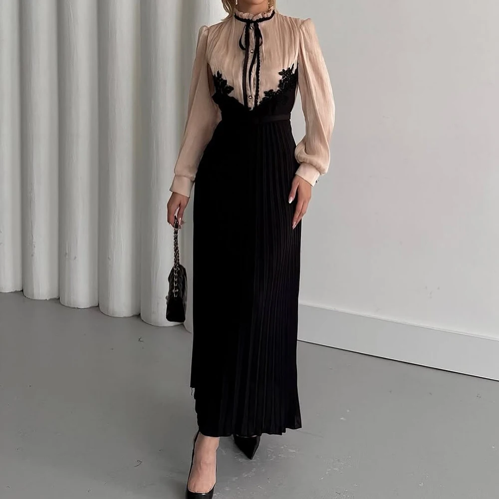 

Customized A-line Evening Dresses Ankle-length High-neck Full Sleeve Prom Gown Simple Fashion Lace Button Draped Party Gown