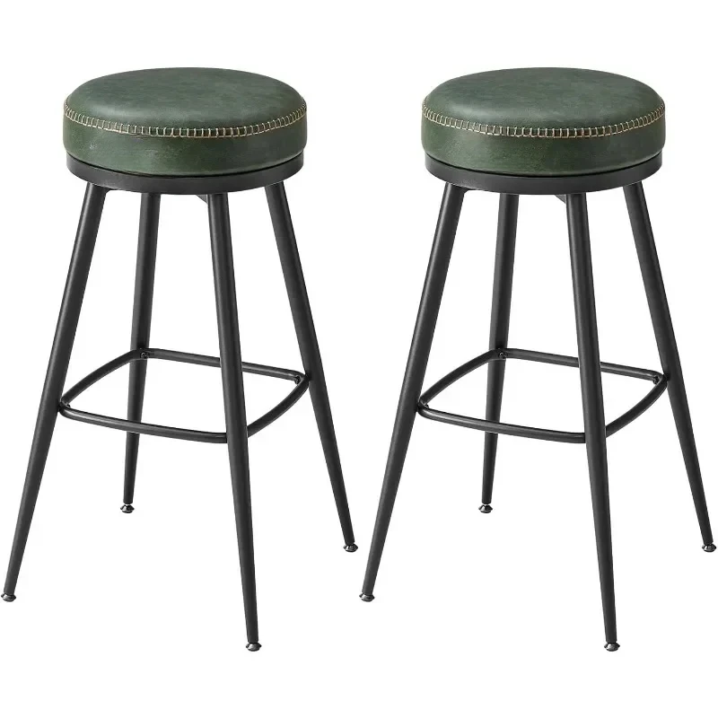 360° Swivel Bar Stools Set of 2, Bar Height Bar Stools, Synthetic Leather with Stitching, Mid-Century Modern, 30-Inch Tall