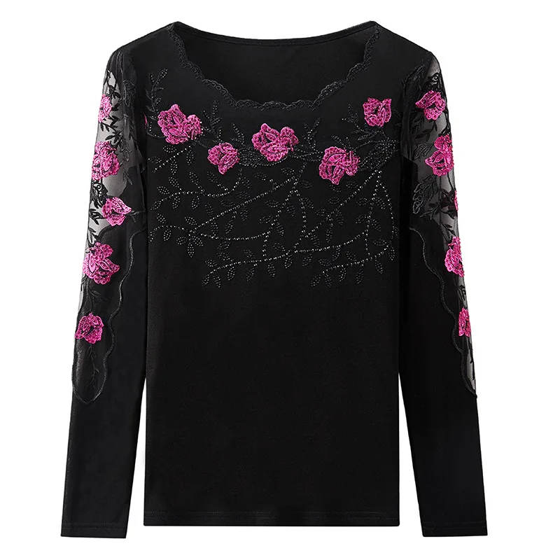 MadBlack European Clothes T-Shirt M-5XL Women Embroidery Diamonds Slim Mesh Tops Long Sleeve Tee Spring Fall T3D707JM