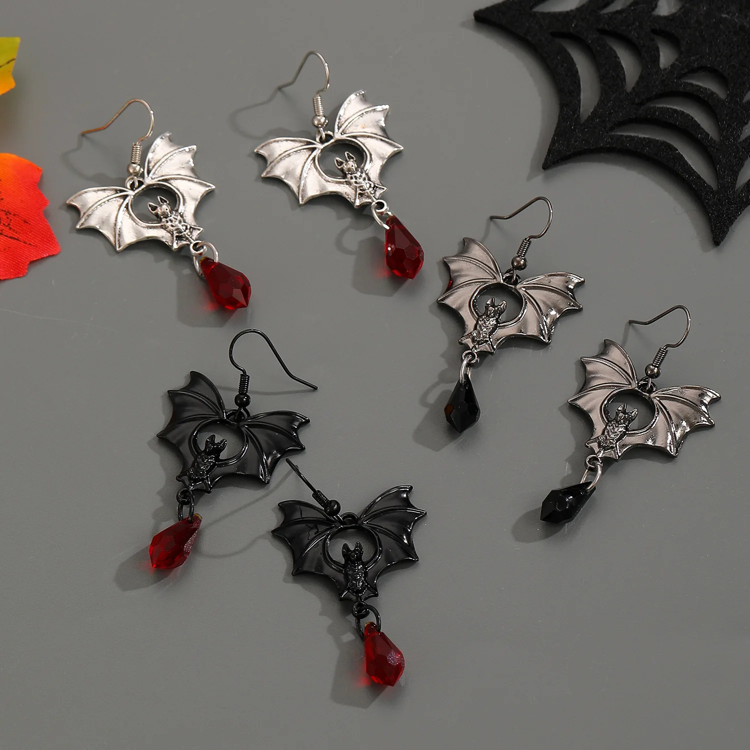 New Punk Earrings Gothic Bat Dark Red Crystal Pendant Ear Accessories For Women Man Gift Halloween Accessories Gifts