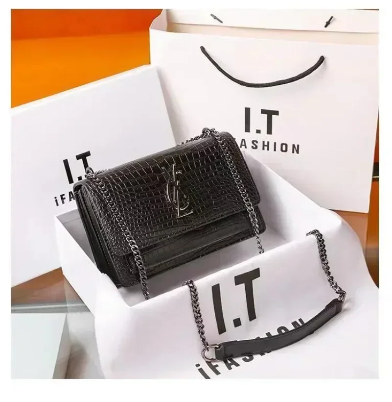 Borsa da donna in vera pelle borsa a tracolla di design di alta qualità borsa nera con patta del sole con scatola modello coccodrillo BY4