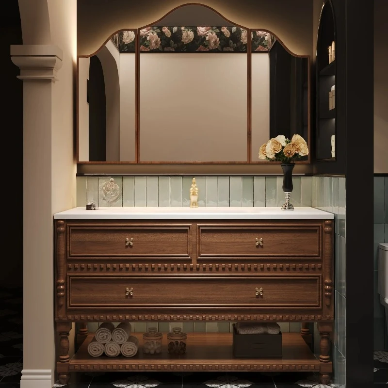 

Vintage Style Floor Standing Bathroom Vanity Set Seamless Ceramic Slab Basin For Bathroom Cabinet Modern Full Furniture