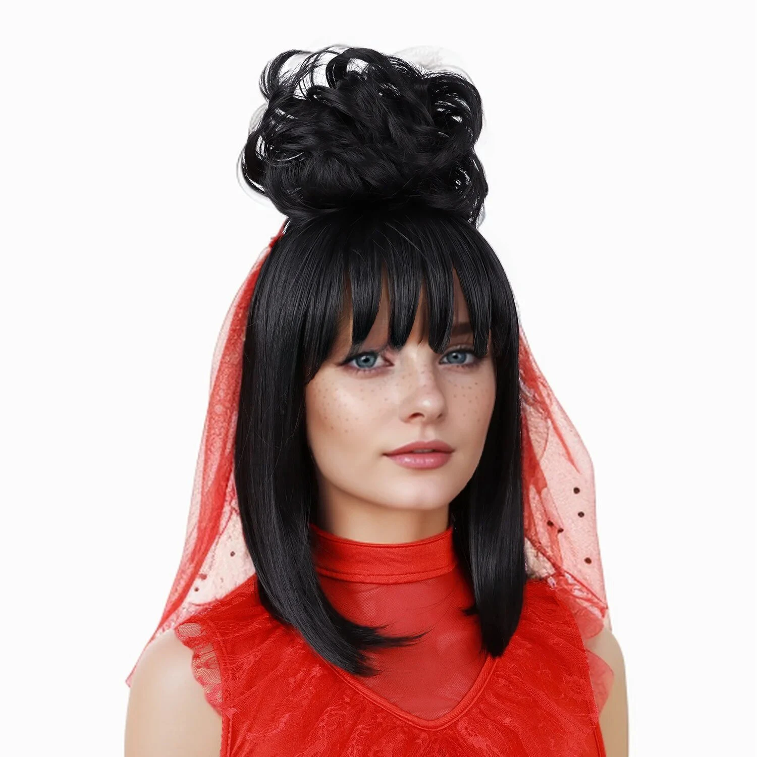 Synthetic Black Lydia Deetz Wigs for Women Cosplay Costume Medium Length Straight Black Bride Goth Wig for Halloween Party