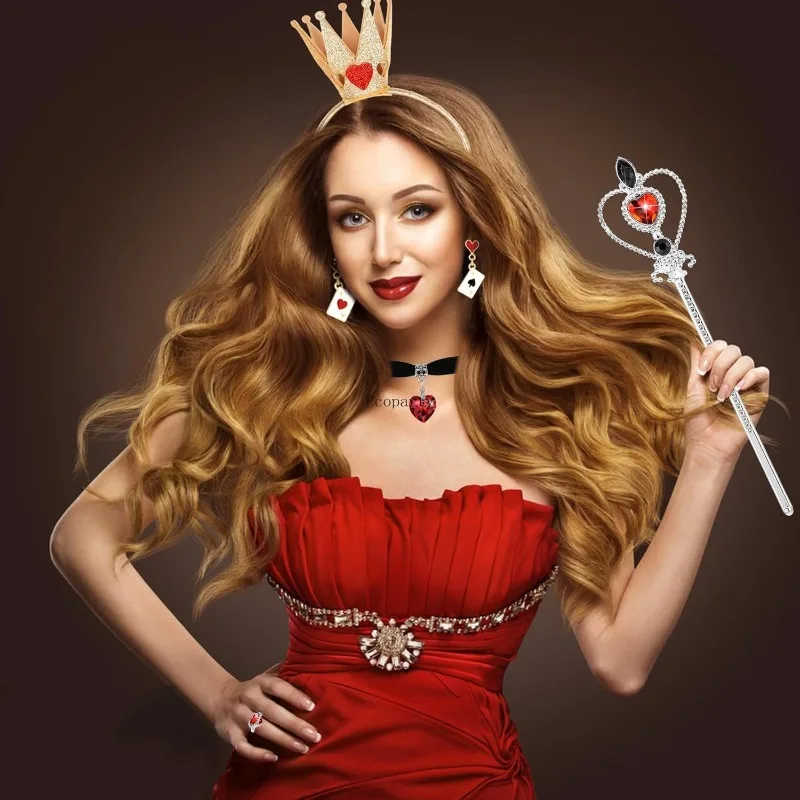 6 قطعة زي ملكة القلوب الأحمر الملكة زي الاكسسوارات عقال للرأس على شكل تاج عصا المختنق قلادة الجوارب القلب الدائري أقراط الهالوين