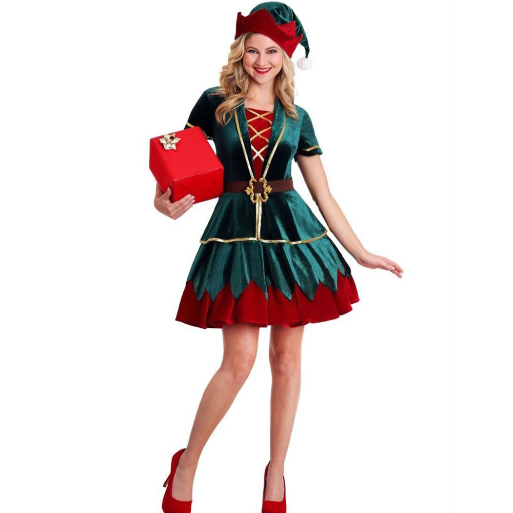 Christmas Santa Claus Cosplay Costume Woman Man Couple Green Elf Family Carnival Party New Year Fancy Dress Clothes Set