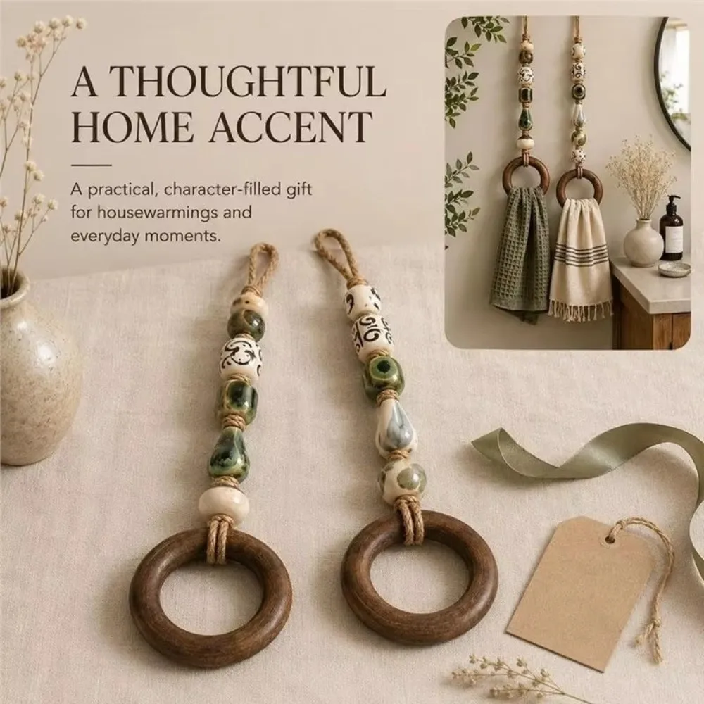 Wooden Ring Beaded Towel Hanger Colorful Beads Decorative Style Hanging Towel Strap Bathroom Accessories Loop Hanging Strap