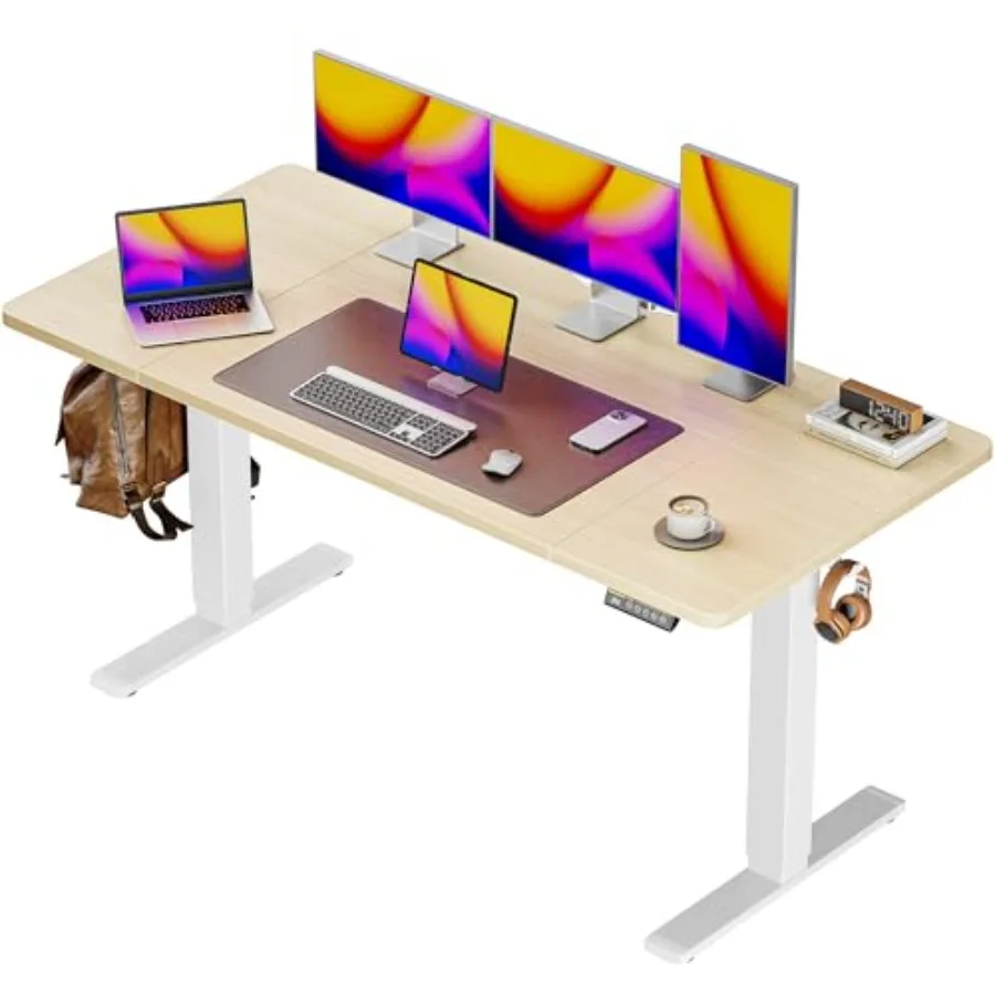 Large Electric Standing Desk for Home Office, Steel Frame, Black, 55 x 28 Inches with 27.6 Depth, 3 Preset Heights, Dual Hooks