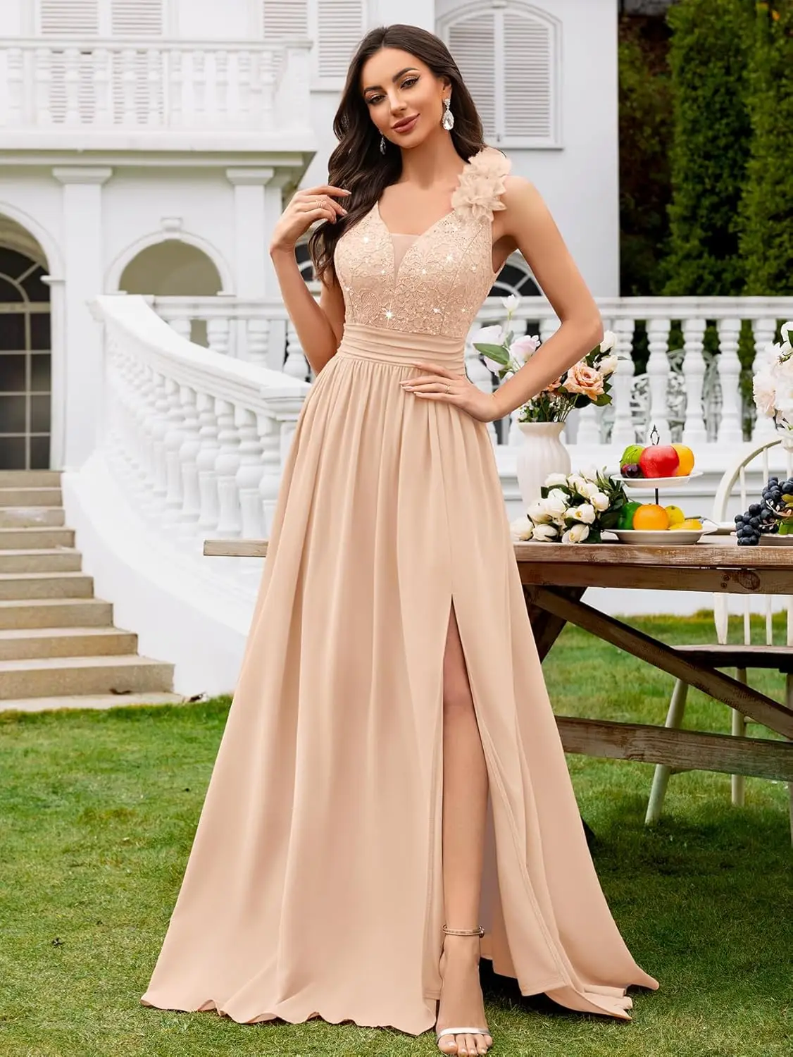 Damen-Abendkleid im Vintage-Stil, V-Ausschnitt, ärmellos, mit Pailletten, geteilt, elegant, formelle Partykleidung