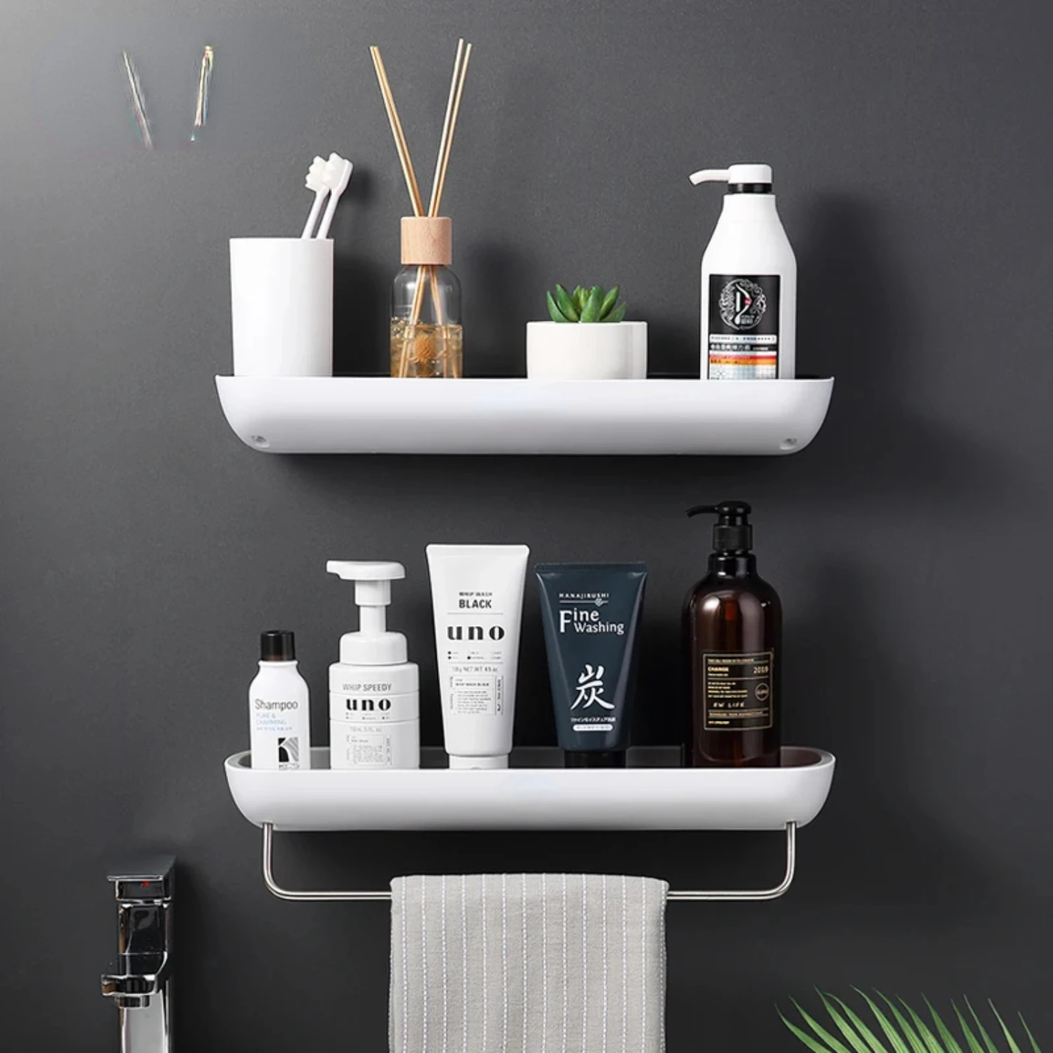 

Bathroom Shelves Organizer Wall Mount Home Towel shelf Shampoo Rack With Towel Bar Storage Rack Bathroom Accessories