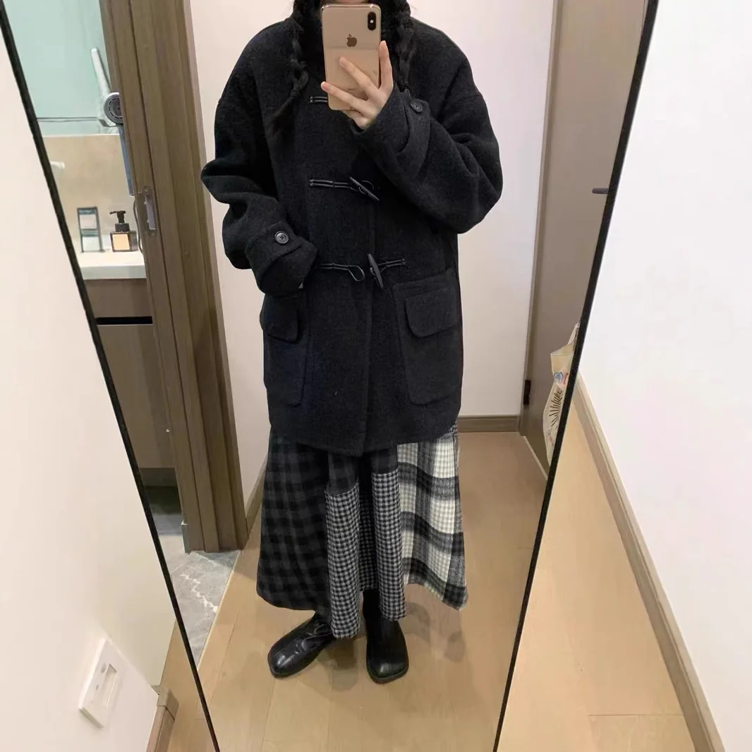 2025 Retro Woolen Skirt Winter Irregular A Version Plaid Splicing Skirt High Waist Slim Dress