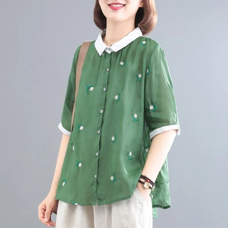 Women's Floral Embroidered Cotton Linen Garment Casual Bottom with Scalloped Hem
