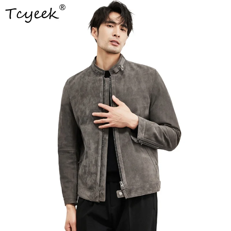 

Tcyeek Sheepskin Spring Autumn Lapel Trendy Standing Collar Graphite Color Men's Genuine Leather Jacket Jaquetas Masculino 자켓