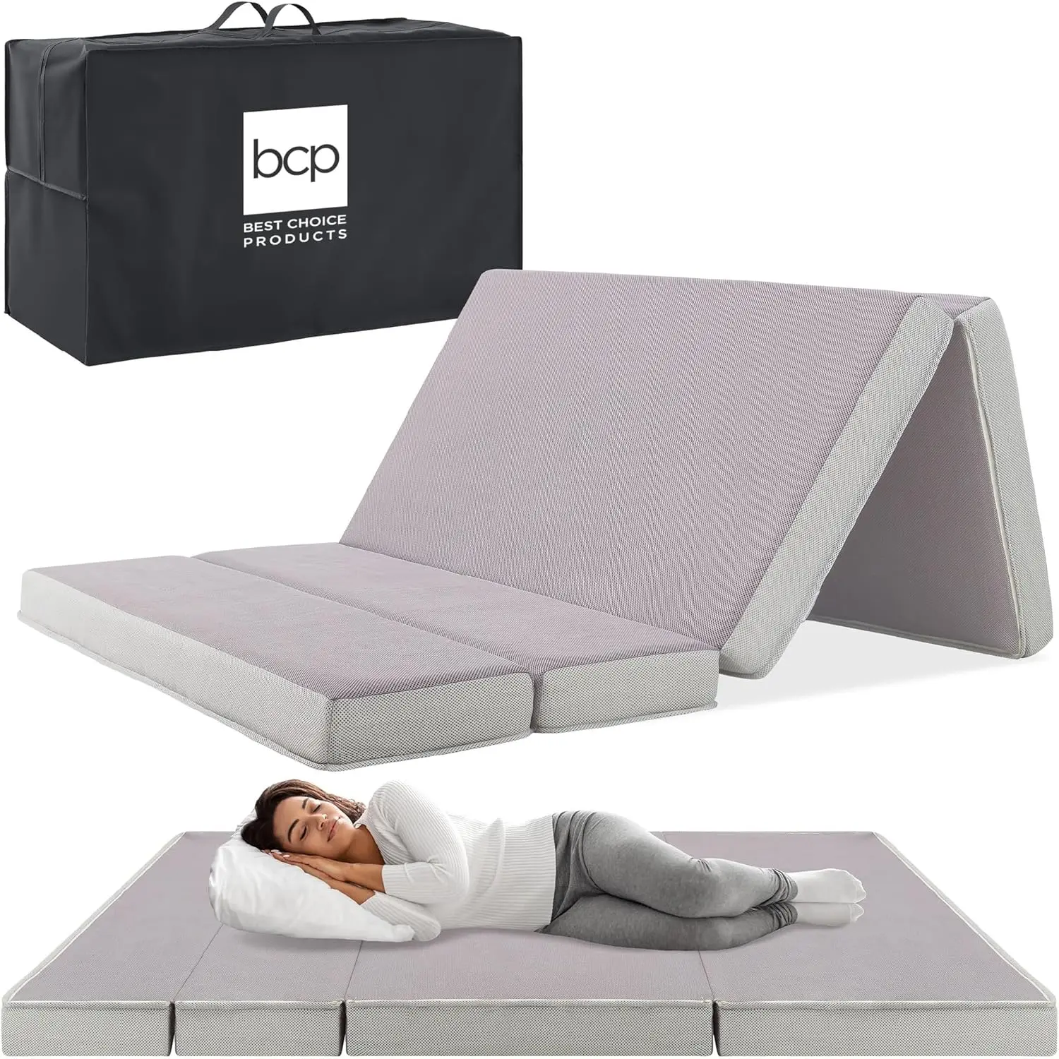 

4In Portable Twin-Size Mattress, Tri-Fold Mattress For Camping, Guest, Toddler, Foam Plush W/Carry Case - Grey