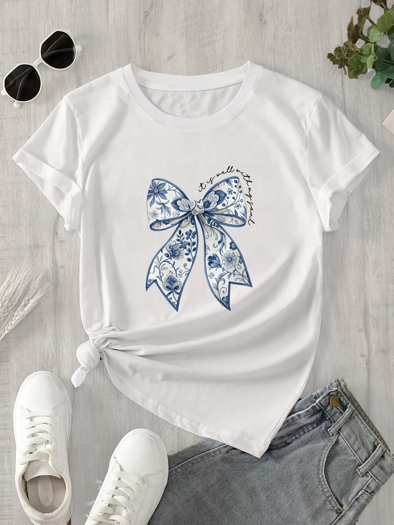 Con diseño floral transpirableveranoajuste regular ropa transpirable camiseta con estampado de mariposa para mujer pantalón