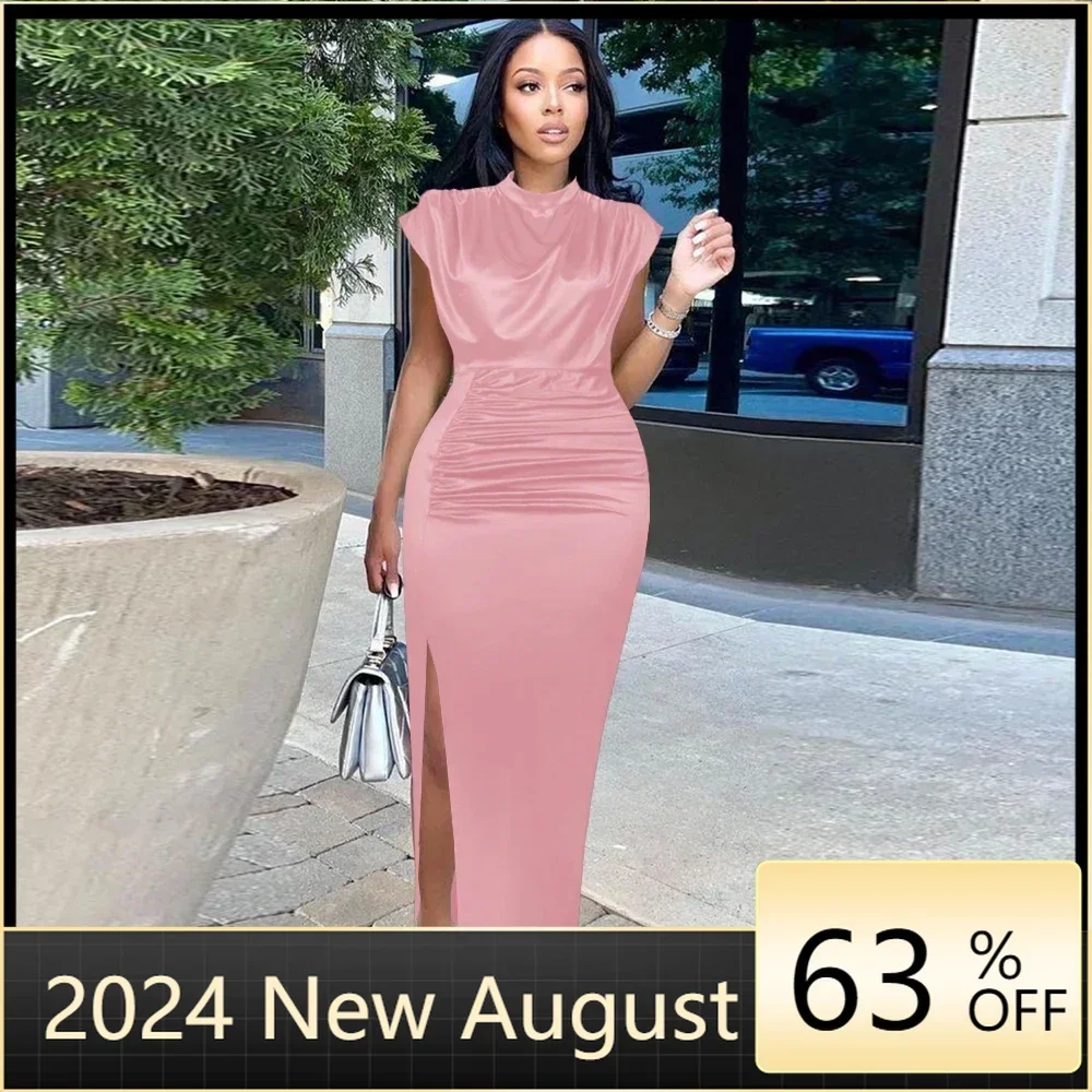 

Women dress pleated long wine red elegant slit high collar slim fit sleeveless maxi robes female shiny gowns party 2024 Spring