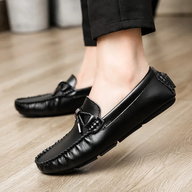 Simple Black Loafers Men's Business Casual Leather Shoes Trendy Lazy Driving Shoes Summer