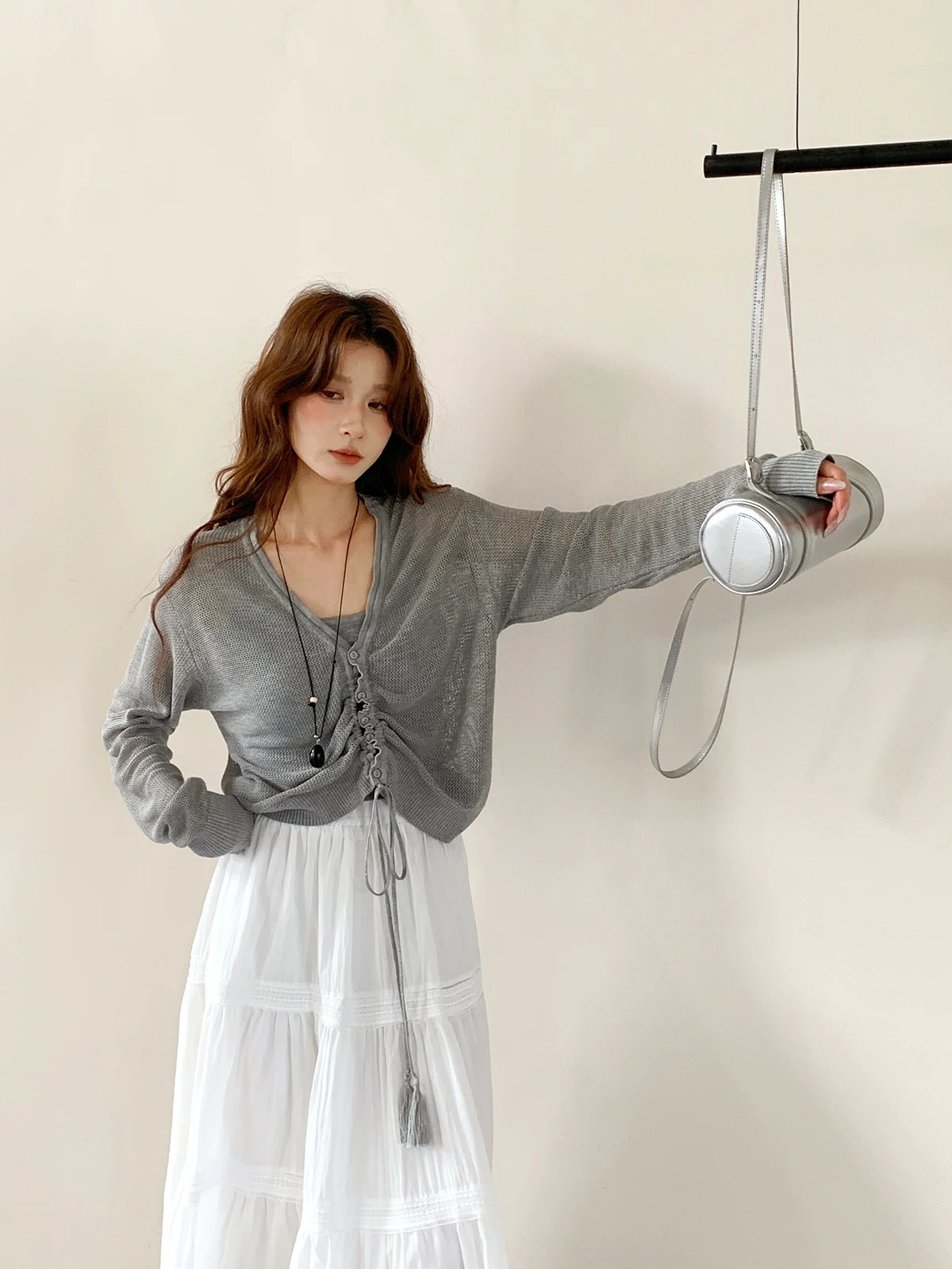 

Weekend Women's Korean Style Knitted Hollow out Cardigan Drawstring Design Sun Protection Loose Fit Long Sleeve Short Length