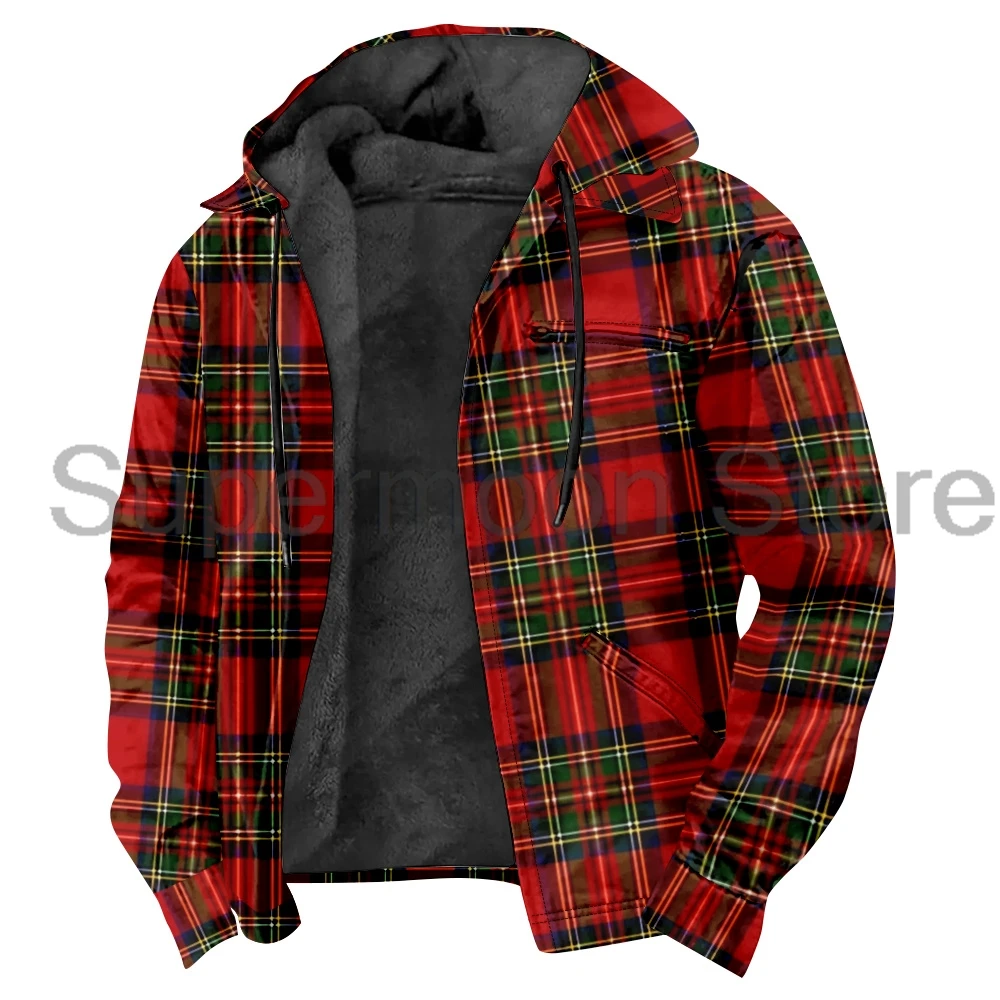 

GF Men's Red Plaid Hooded Jacket Parkas Christmas Merch Long Sleeve Zipper Hoodie Women Winter Outerwear Coat 3D Clothes
