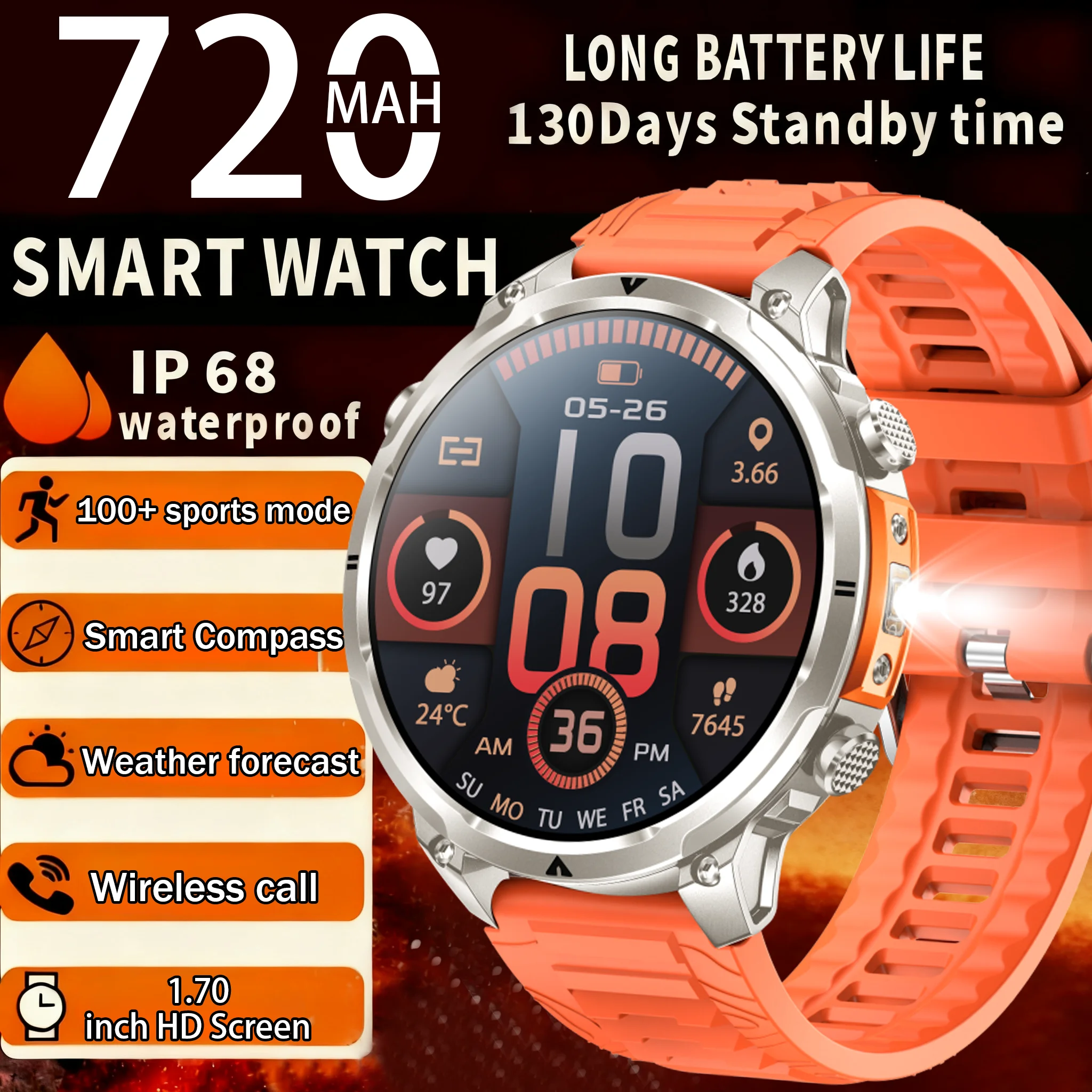 Brand-new GPS outdoor sports smartwatch, AMOLED high-definition display, built-in GPS sports trajectory tracking, LED flashlight