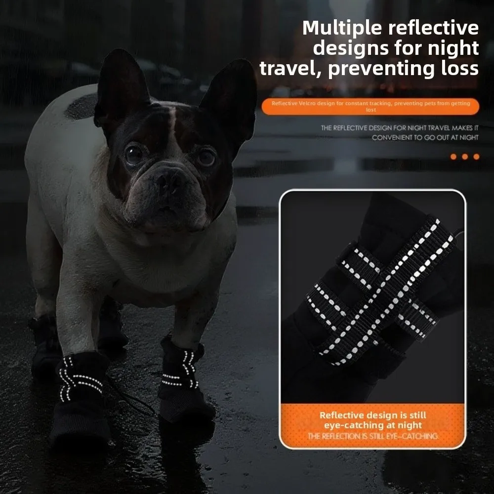 

4pcs/set Reflective Waterproof Dog Shoes Warm Double-Layer Wound Recovery Boot Wear Resistant Adjustable Anti-Slip Dog Boots