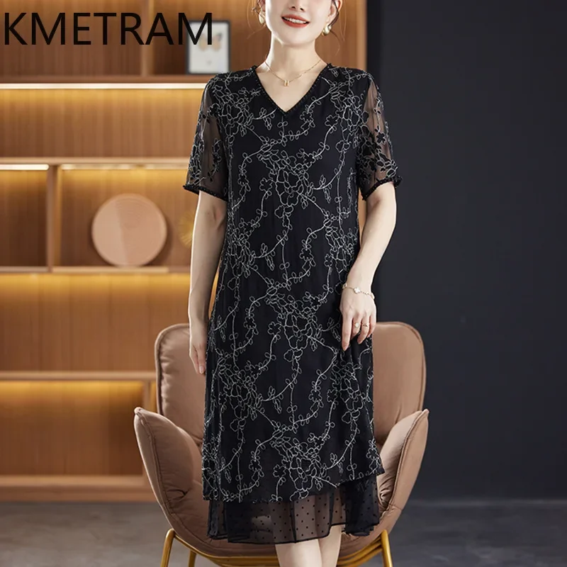 KMETRAM 100% Mulberry Silk Dress Women Summer 2024 Luxury Party Long Dresses Loose Womans Clothing Black Dress Vestidos Largos