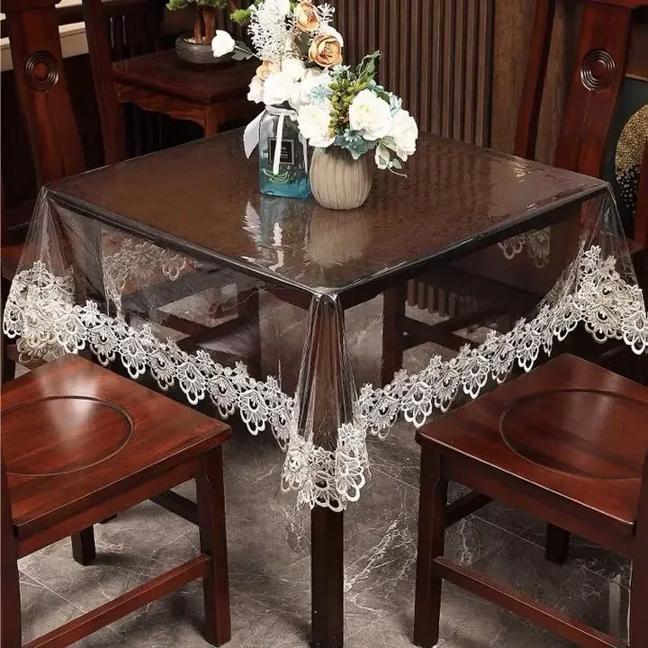 Light Luxury Lace Transparent Tablecloth PVC Soft Glass Plastic Tea Table Cover Waterproof Round Rectangularmat Wedding Decor