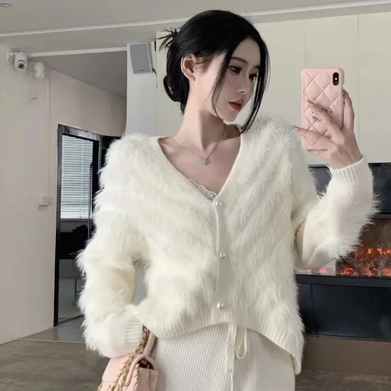 Autumn Long Sleeve Knitted White Cardigan Warm V Neck Sweater Winter Vintage Fluffy Mink Cashmere Cardigan Women Coat Women tops