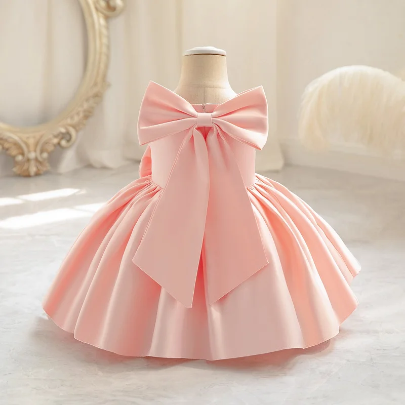 2024 New Girl\'s big bow princess dress 0-5-year-old baby fashion satin dress Carnival birthday party host performance dress