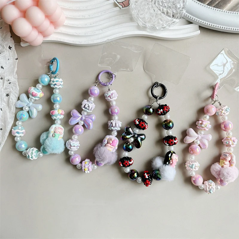 Bowknot HairballPhone Chain Hand Painted Beads Keychain Sweet Girl Anti-lost Wrist Strap Bracelet Earphone Case Charm Bag Decor