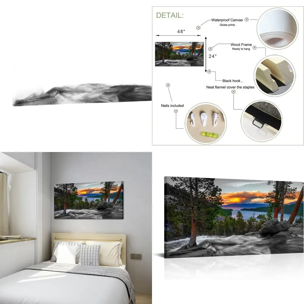 

Emerald Bay Tahoe Sunset Canvas Art - 24x48 Framed Nature Scenery for Home or Office