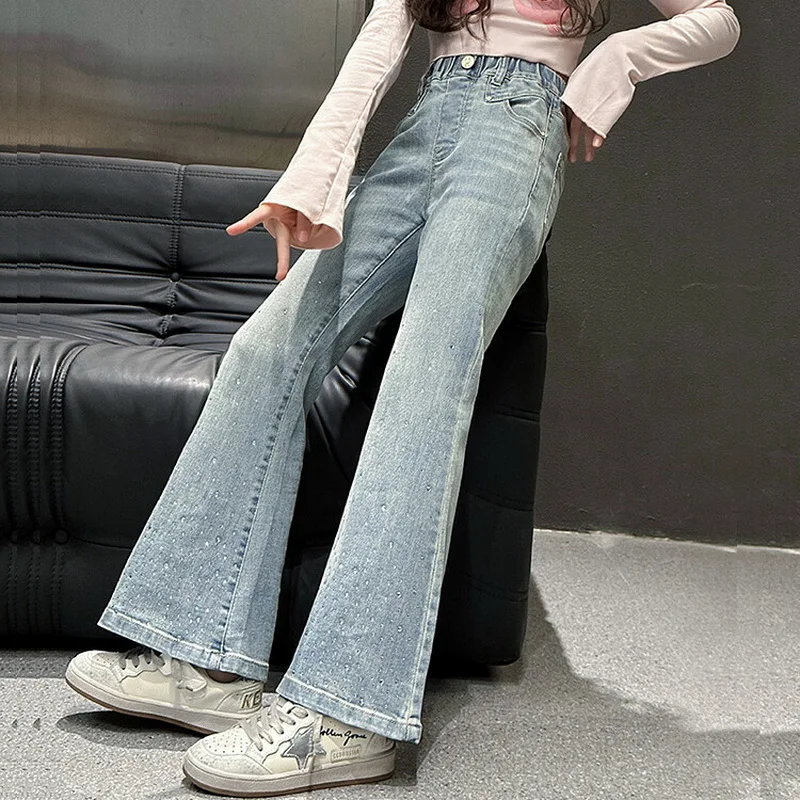 New Girls Flare Sequin Design Jeans for Kids Spring Autumn Teenage High Elasticity Bell-bottom Trousers Skinny Denim Pants