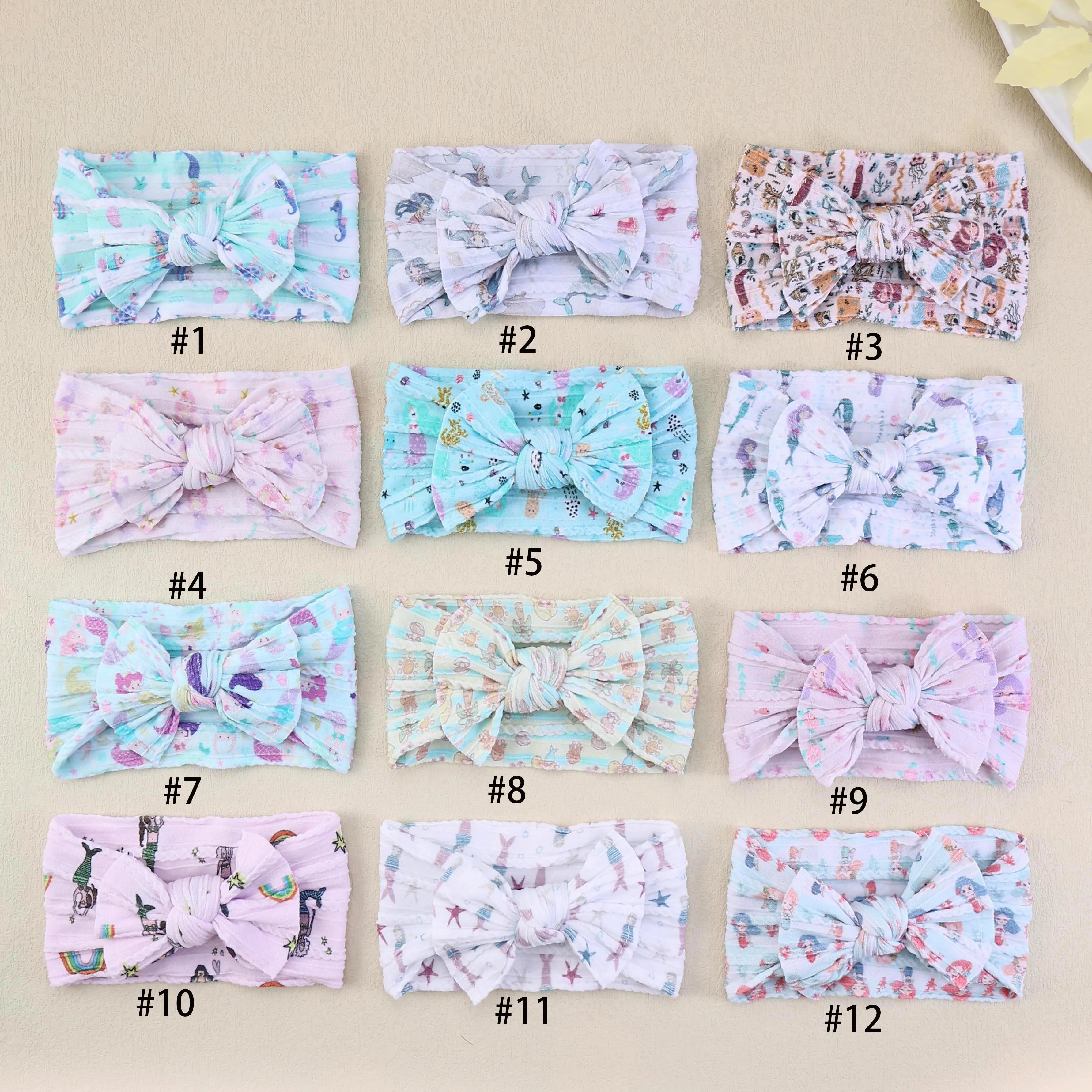 

20pc Cartoon Animal Prints Nylon Baby Turban Ribbed Cable Knit Headband Jellyfish Mermaid Pattern for Kid Girls Bulk Pack