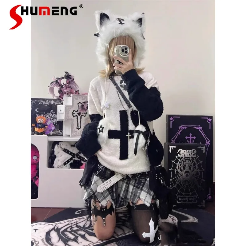 Punk Y2k Hot Girl Harajuku Cross Sweater Woman Asian Culture Streetwear Women's Autumn and Winter Loose Long Sleeve Sweaters