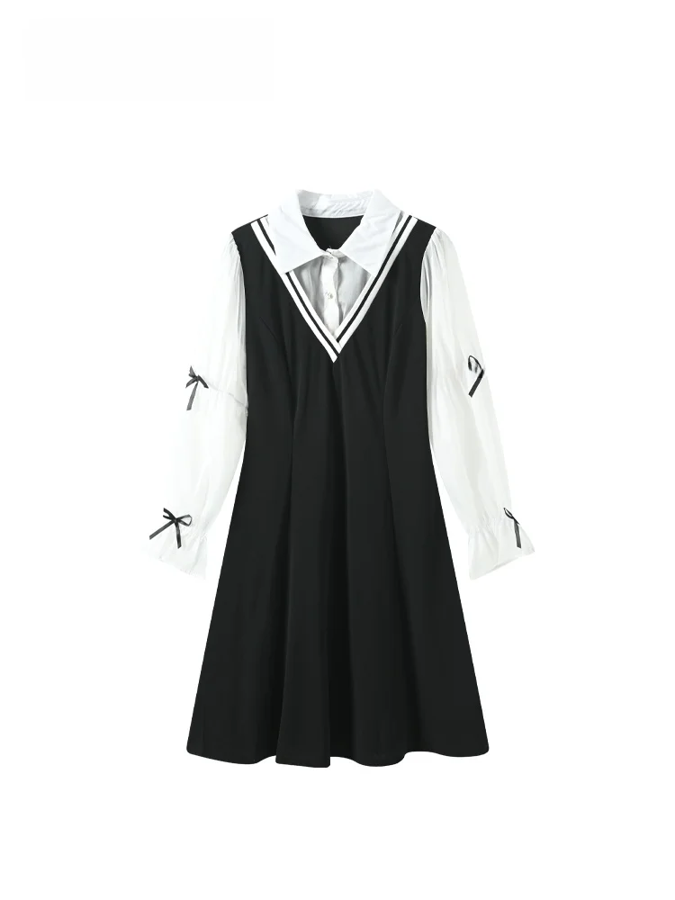 

plus Size Neck Long Sleeve Dress Women Spring Slimming School Style Skirt A-Line Polyester Fiber Casual Commute Style