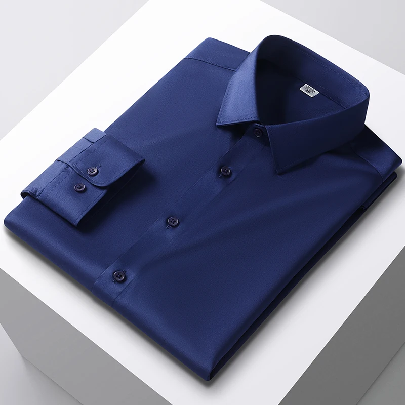 2024 Frühling Männer lässig nicht eiserne Seide stehen solide Collor weiß-grün Komfort Business Langarm Bluse Slim Fit Shirts 4xl-5xl