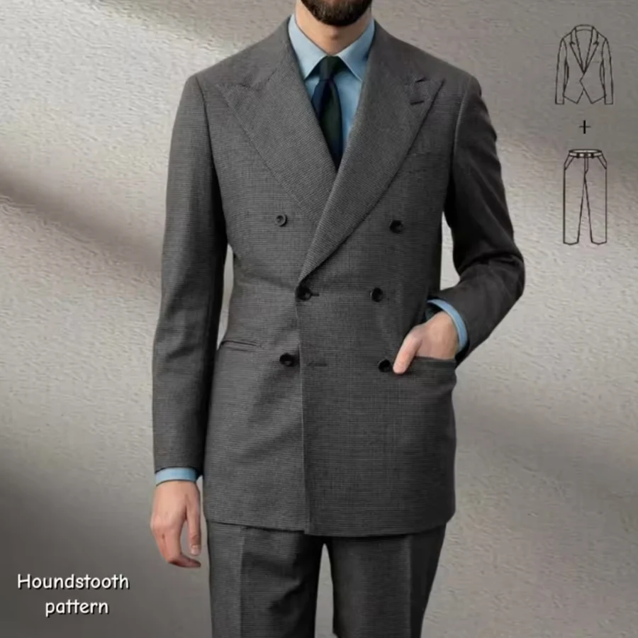 

Мужской шерстяной костюм с узором «гусиные лапки», комплект из 2 предметов, осенне-зимний костюм на заказ, куртка и брюки бежевого и черного цвета для бизнеса