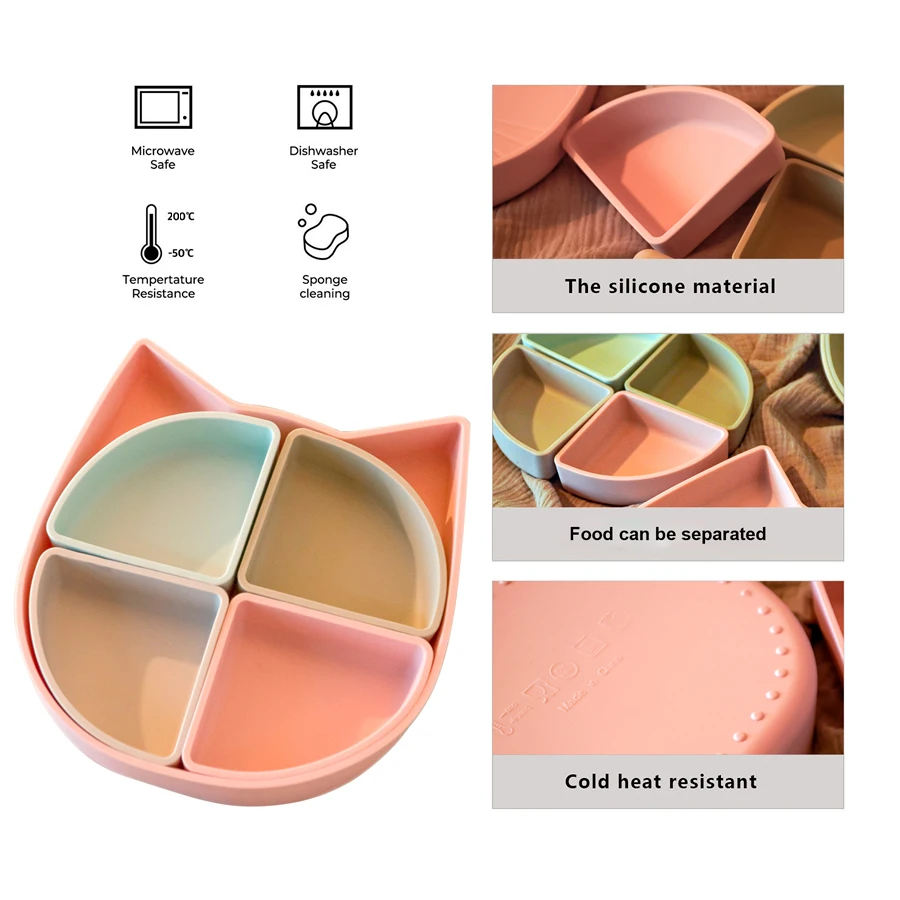 2024 New Baby Tableware Cat Plate Four-compartment Small Bowl Waterproof Soft Silicone Cartoon Cat Suction Plate Free Custom