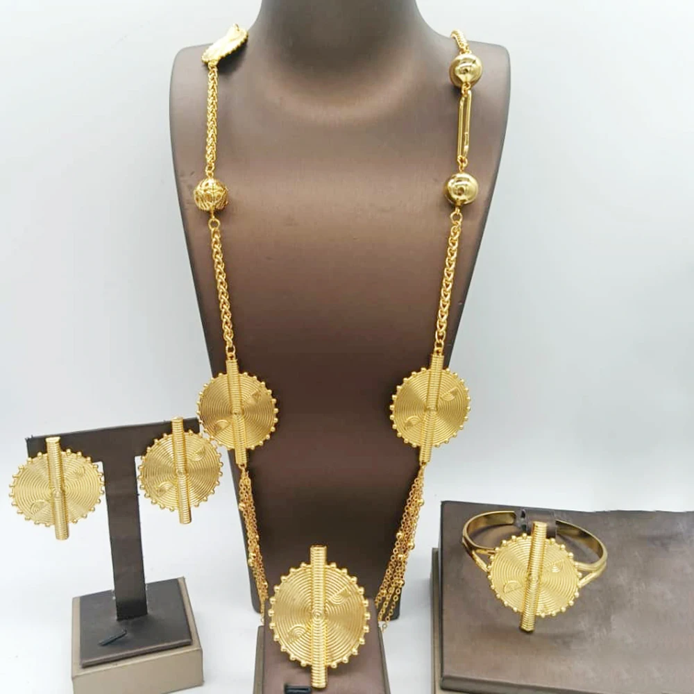 Women's Five Layer Trendy Long Chain Necklace Cuff Bangle Set