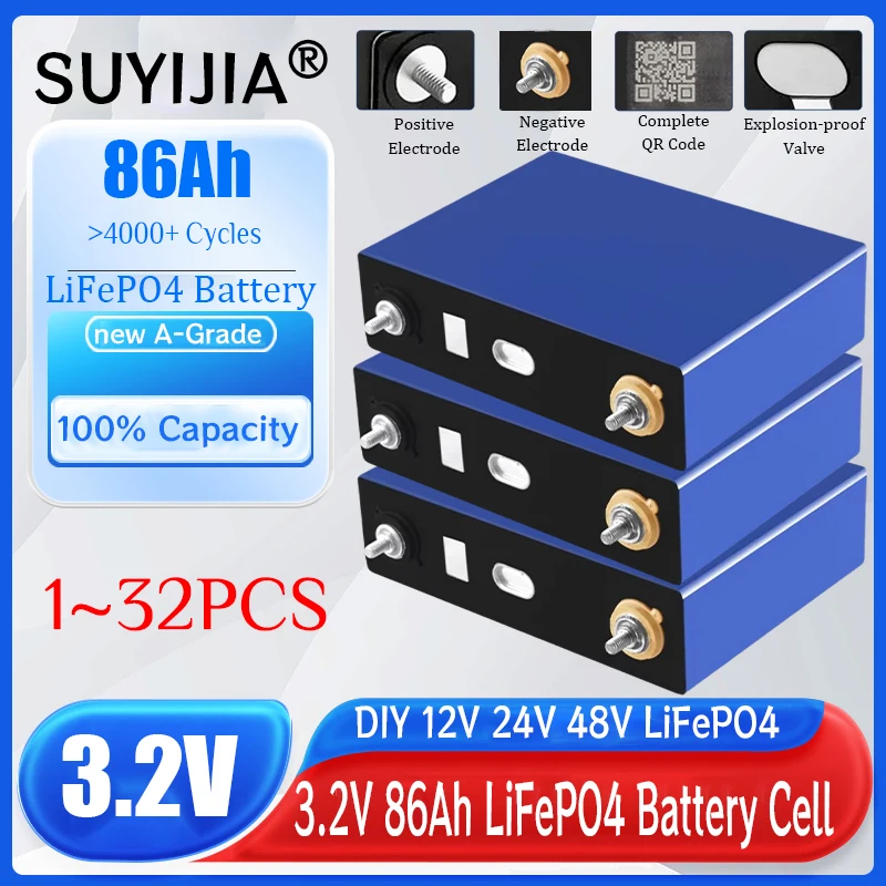 A-grade 3.2V 86Ah Lifepo4 Battery DIY 12V 24V 48V 72V Lithium Iron Phosphate Battery for Electric Golf Cart Solar Energy Storage