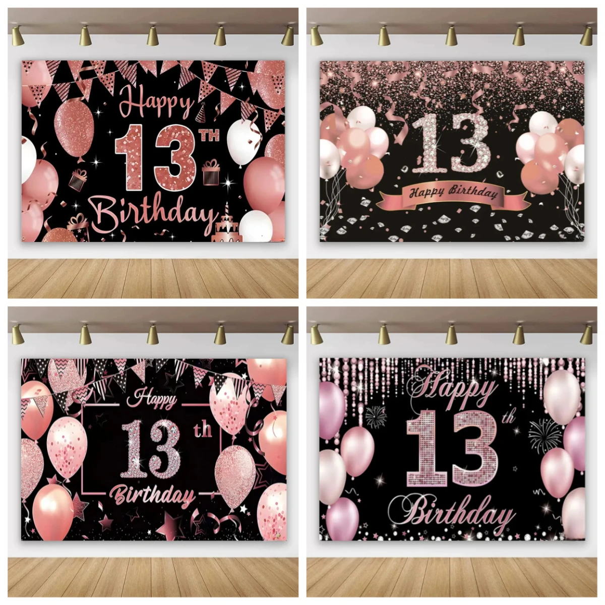 

13th Birthday Party Backdrop for Photography Teenager Kids Boys Girls Happy 13 Years Old Gold Black Pink Blue Balloon Poster