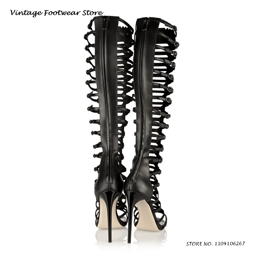 Knee-high Leather Gladiator Sandals Summer Round Open Toe Thin Heels Shoes Women's Belt Buckles Buckle Zipper Trending Stilettos
