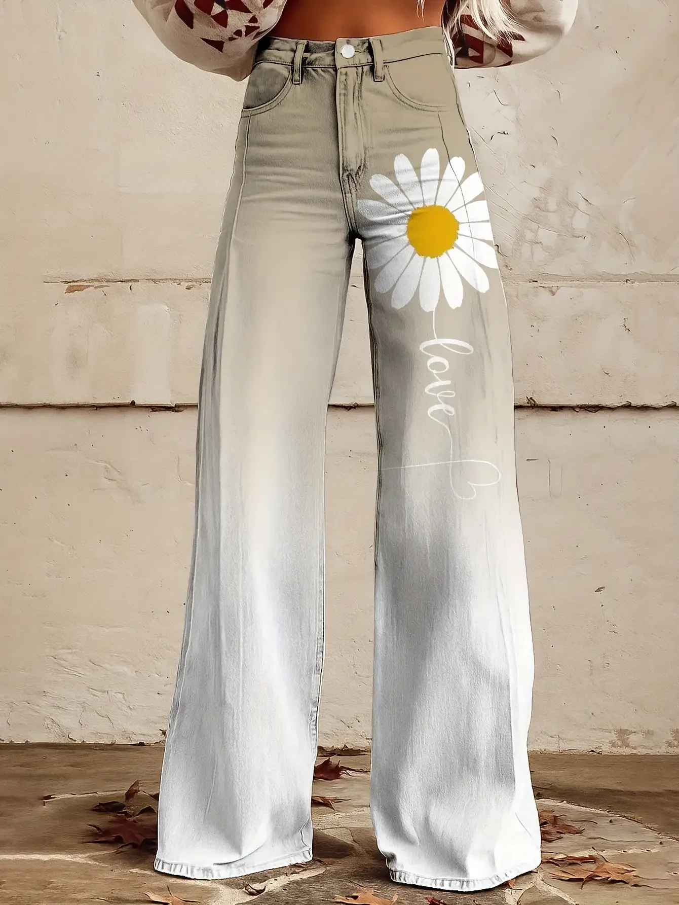 

Ladies' loose and elegant retro printed straight leg pants with hidden zipper design,