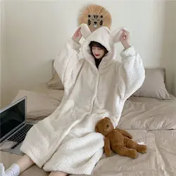 Cute Bear Coral Velvet Pajamas Winter Warm Thickened Bathrobe Women  Long Robe Nightgown Kawaii Bath Robe Soft Home Loungwear