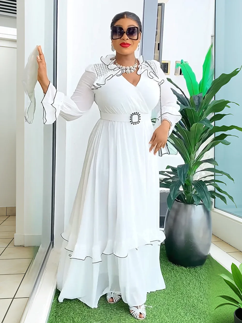 فساتين زفاف أفريقية للحفلات المسائية للنساء 2025 صيفي برقبة على شكل حرف v بوليستر 3/4 كم فستان طويل ماكسي ملابس أفريقيا